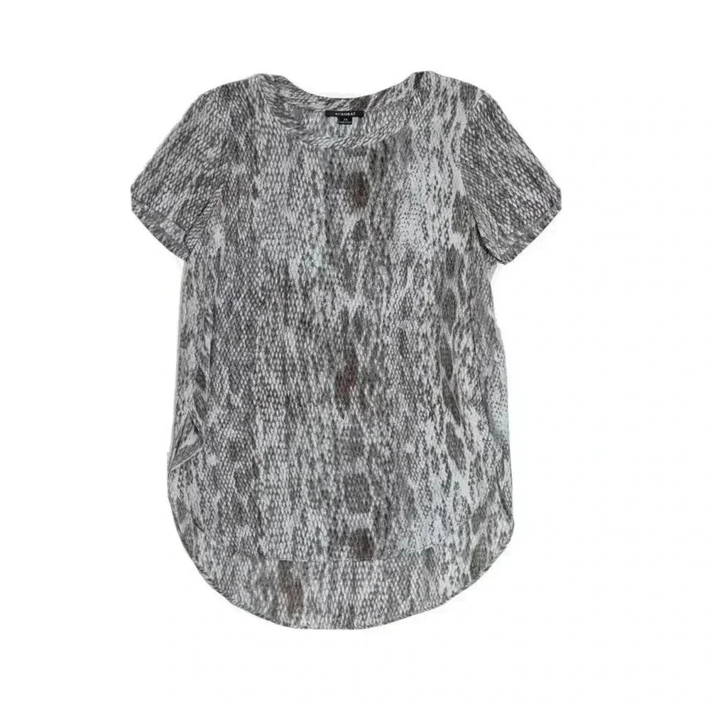 Acrobat 100% Silk Reptile Snake Print Top Size XS Gray Taupe Grey Short Sleeve